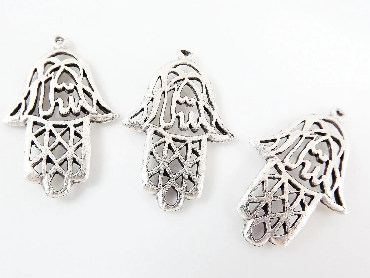 3 Rustic Fretwork Hand of Fatima Hamsa Pendant Charms - Matte Silver Plated