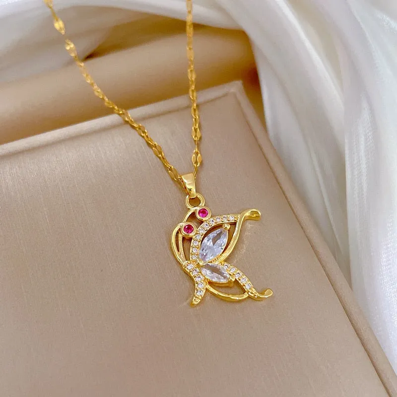 316L Stainless Steel Butterfly Zircon Pendant Necklace For Women