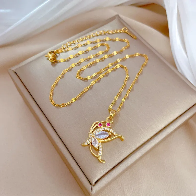 316L Stainless Steel Butterfly Zircon Pendant Necklace For Women