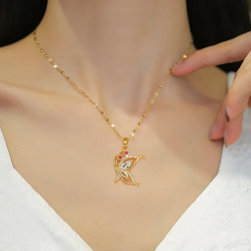 316L Stainless Steel Butterfly Zircon Pendant Necklace For Women