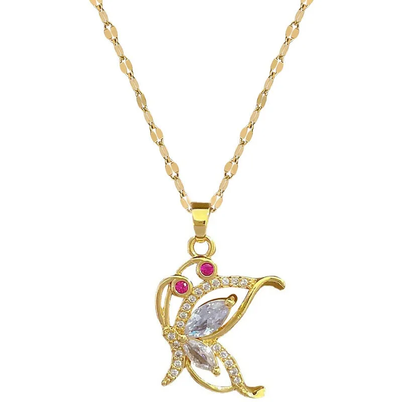 316L Stainless Steel Butterfly Zircon Pendant Necklace For Women