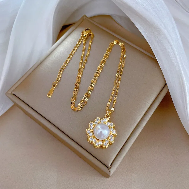 316L Stainless Steel Large Pearl Flowers Pendant Necklace For Women