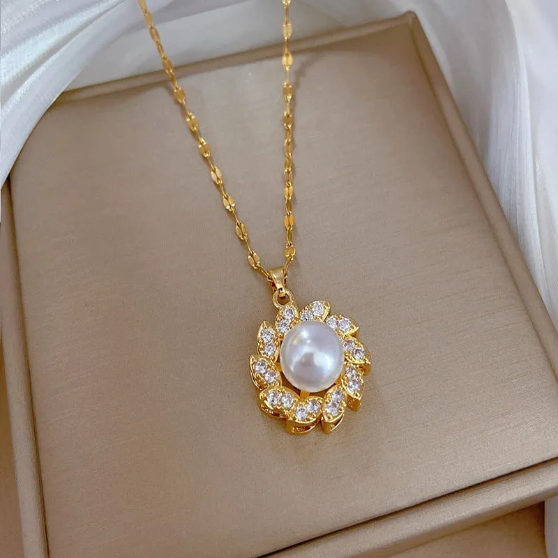 316L Stainless Steel Large Pearl Flowers Pendant Necklace For Women