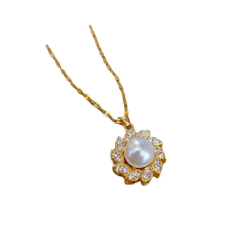316L Stainless Steel Large Pearl Flowers Pendant Necklace For Women