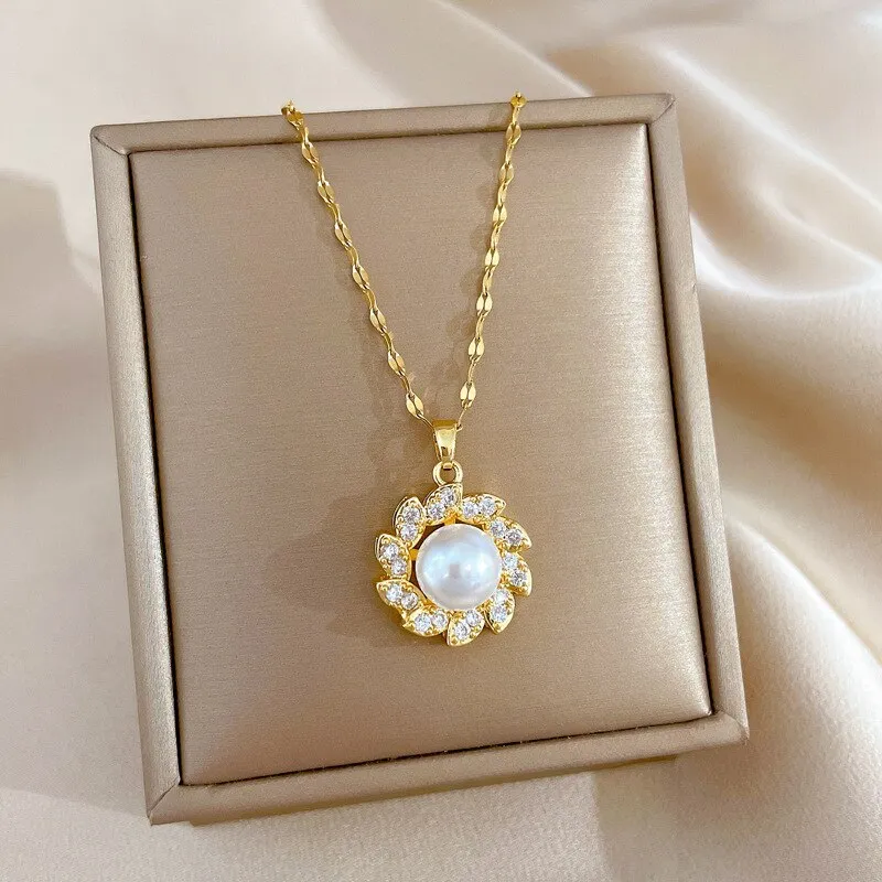 316L Stainless Steel Large Pearl Flowers Pendant Necklace For Women