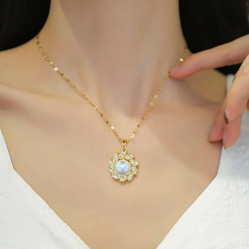 316L Stainless Steel Large Pearl Flowers Pendant Necklace For Women