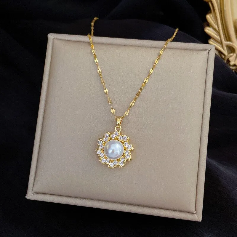 316L Stainless Steel Large Pearl Flowers Pendant Necklace For Women