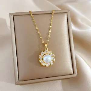 316L Stainless Steel Large Pearl Flowers Pendant Necklace For Women