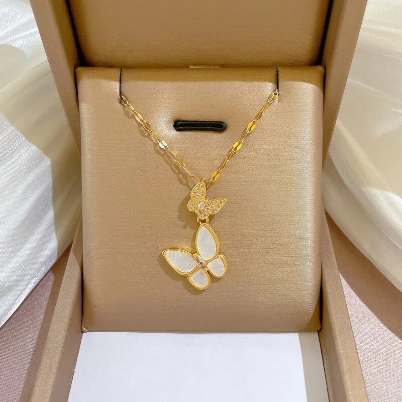 316L Stainless Steel Oyster Rhinestone Butterfly Pendant Necklace For Women
