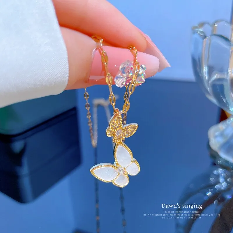316L Stainless Steel Oyster Rhinestone Butterfly Pendant Necklace For Women