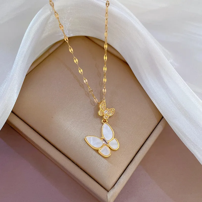 316L Stainless Steel Oyster Rhinestone Butterfly Pendant Necklace For Women
