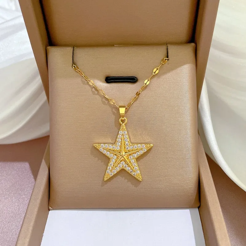 316L Stainless Steel Pentagram Starfish Pendant Necklace For Women