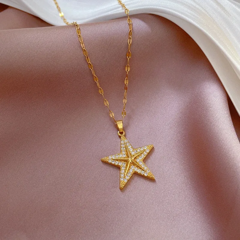 316L Stainless Steel Pentagram Starfish Pendant Necklace For Women