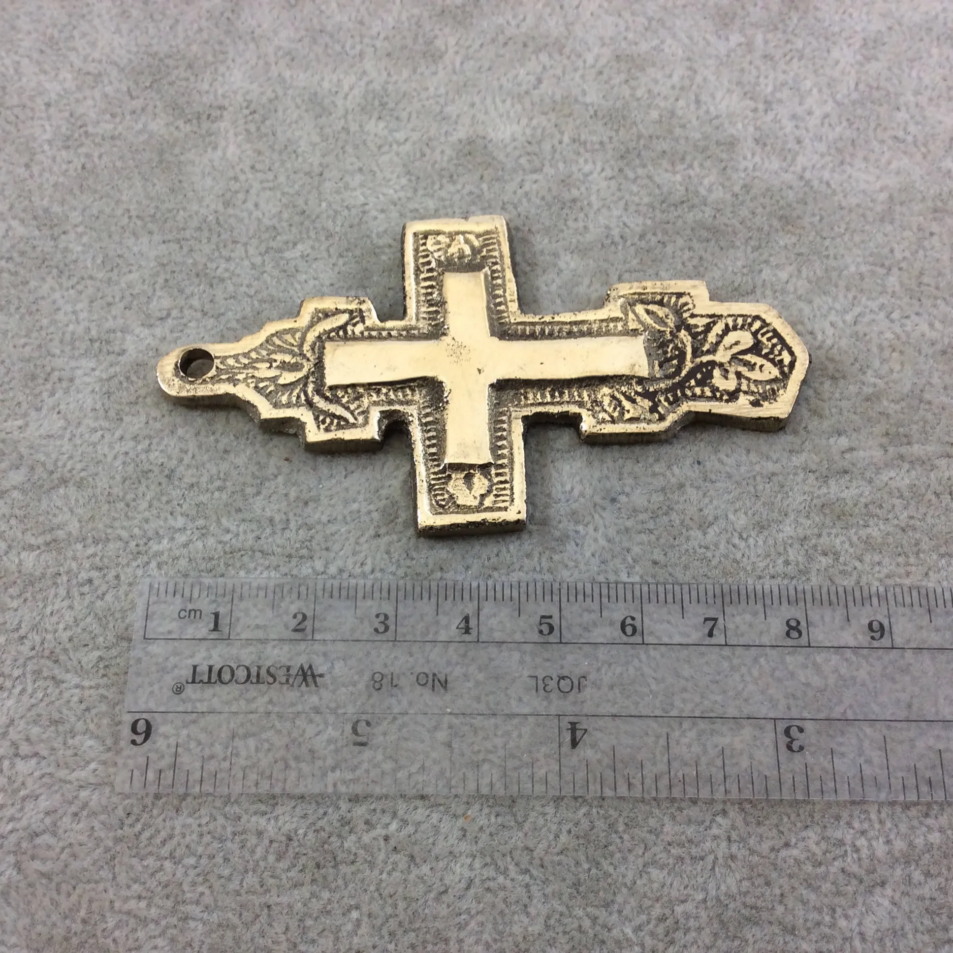 3.25" Heavy Embossed Patterned Oxidized Gold Plated Brass Cross Pendant  - Measuring 45mm x 84mm, Approximately - Sold Individually