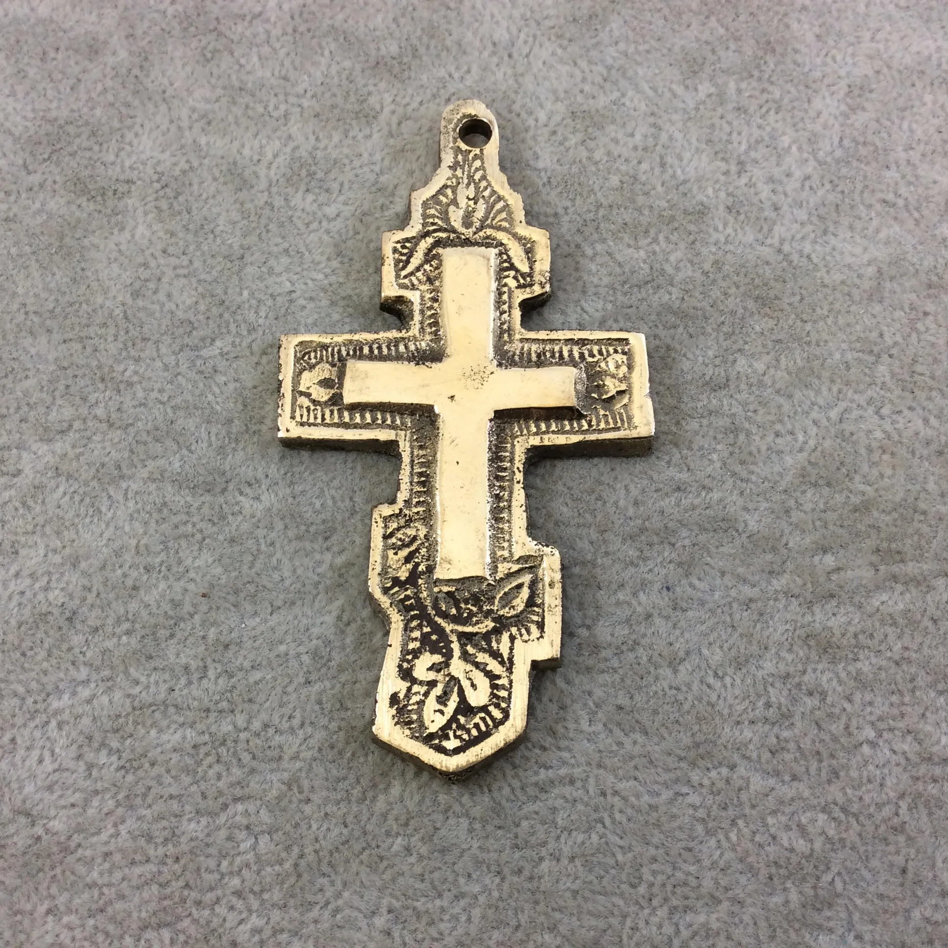 3.25" Heavy Embossed Patterned Oxidized Gold Plated Brass Cross Pendant  - Measuring 45mm x 84mm, Approximately - Sold Individually