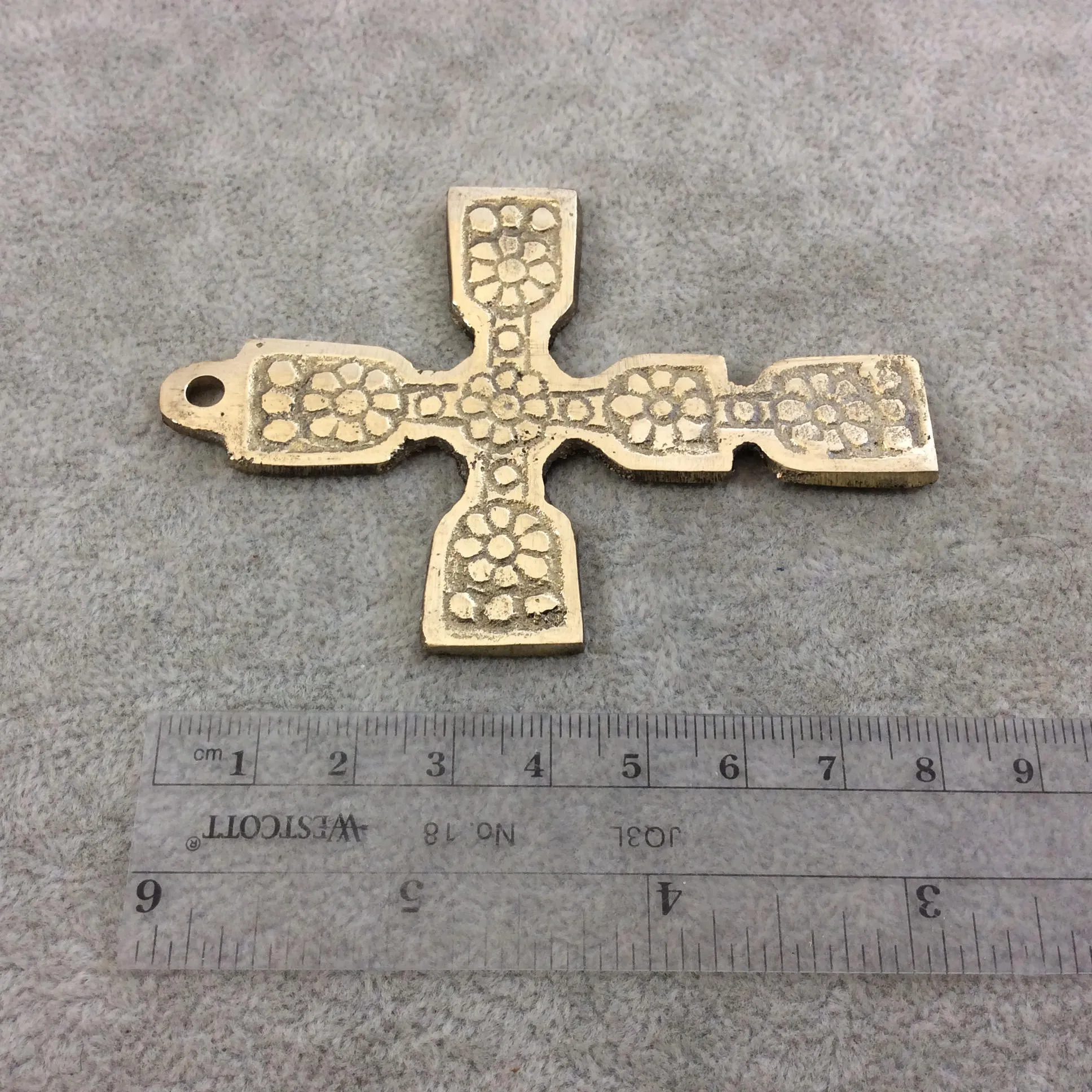 3.5" Heavy Floral Patterned Oxidized Gold Plated Brass Cross Pendant  - Measuring 59mm x 87mm, Approximately - Sold Individually