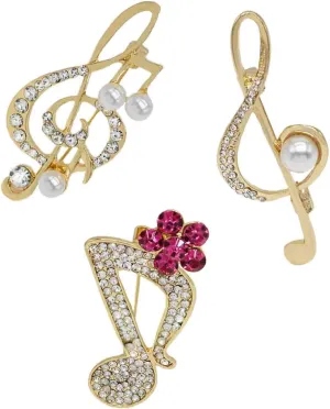 3Pcs Crystal Pearl Music Note Brooches Elegant Rhinestone Treble Clef Statement Brooch Pins Fashion Jewelry Accessories for Women Girl Gift