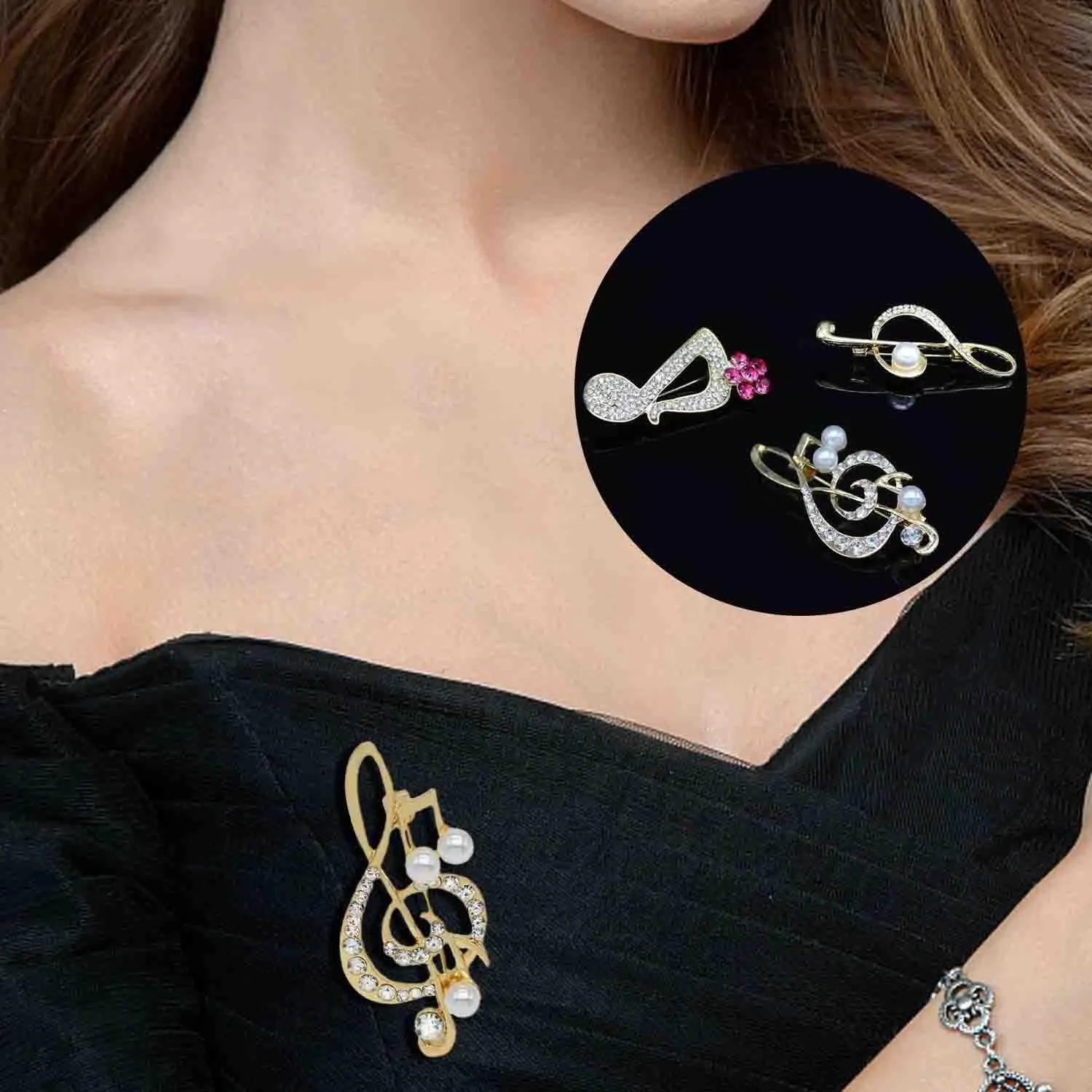 3Pcs Crystal Pearl Music Note Brooches Elegant Rhinestone Treble Clef Statement Brooch Pins Fashion Jewelry Accessories for Women Girl Gift