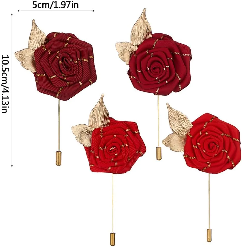 4 Piece Gold Leaf Satin Rose Men Lapel Buttons Pins Groom Boutonniere Corsage for Wedding Prom Dance Party, Dark Blue