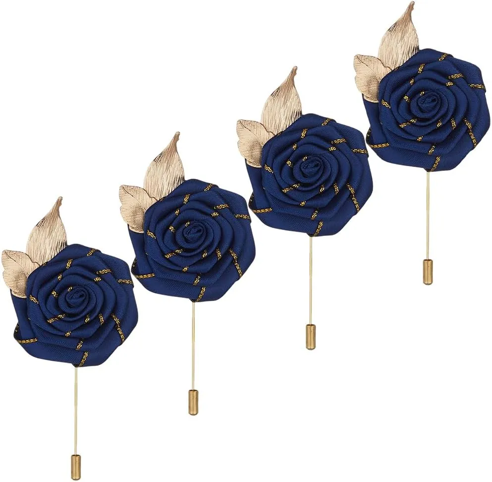 4 Piece Gold Leaf Satin Rose Men Lapel Buttons Pins Groom Boutonniere Corsage for Wedding Prom Dance Party, Dark Blue