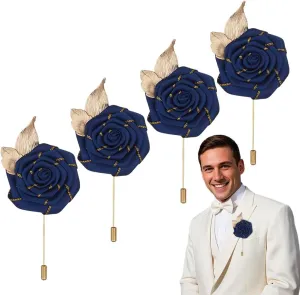 4 Piece Gold Leaf Satin Rose Men Lapel Buttons Pins Groom Boutonniere Corsage for Wedding Prom Dance Party, Dark Blue