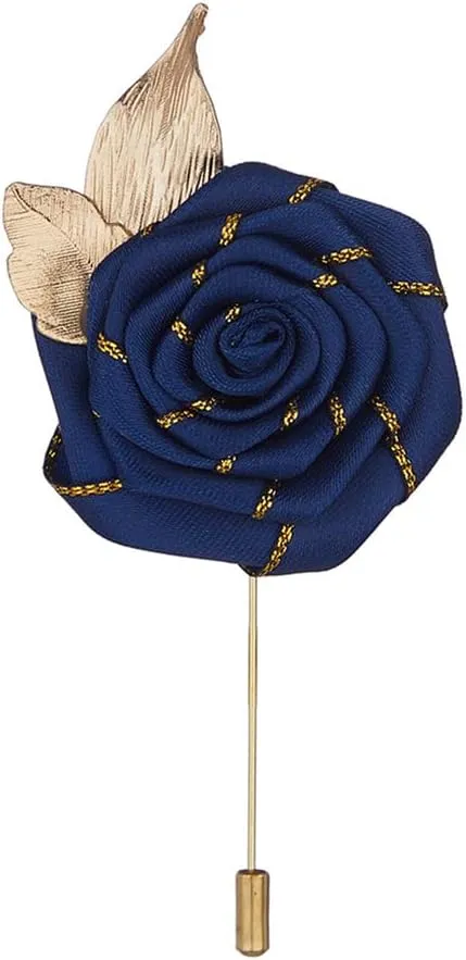 4 Piece Gold Leaf Satin Rose Men Lapel Buttons Pins Groom Boutonniere Corsage for Wedding Prom Dance Party, Dark Blue