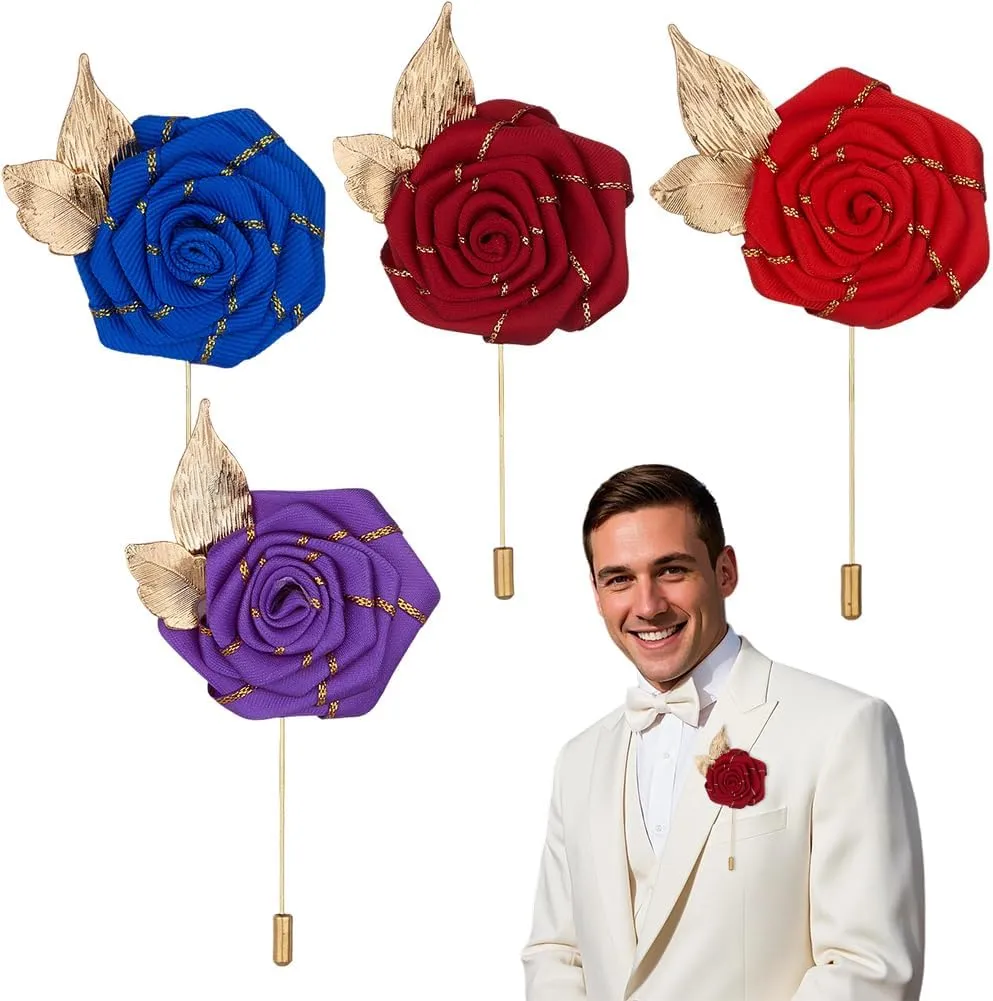 4 Piece Gold Leaf Satin Rose Men Lapel Buttons Pins Groom Boutonniere Corsage for Wedding Prom Dance Party, Style 1