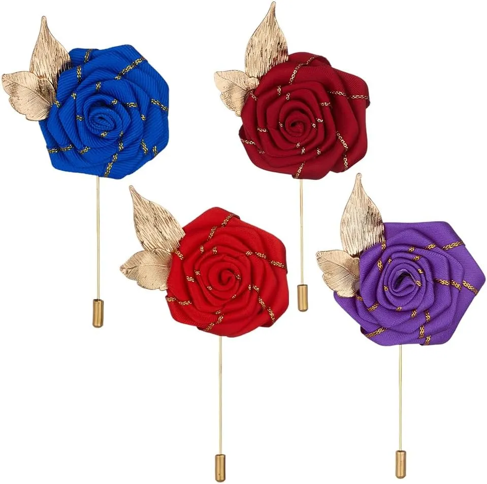 4 Piece Gold Leaf Satin Rose Men Lapel Buttons Pins Groom Boutonniere Corsage for Wedding Prom Dance Party, Style 1