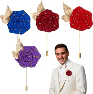 4 Piece Gold Leaf Satin Rose Men Lapel Buttons Pins Groom Boutonniere Corsage for Wedding Prom Dance Party, Style 1