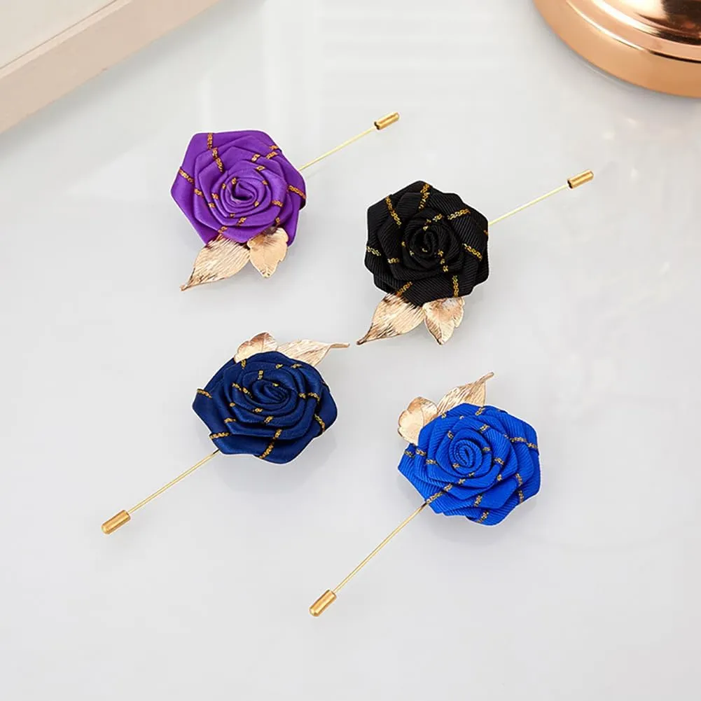 4 Piece Gold Leaf Satin Rose Men Lapel Buttons Pins Groom Boutonniere Corsage for Wedding Prom Dance Party, Style 1