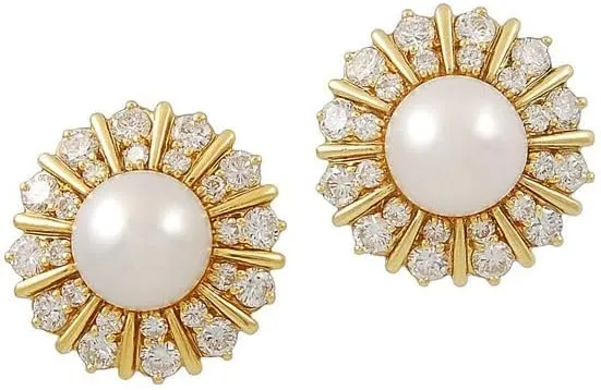 4.00Ct Round Cut Simulated Pearl & Diamond Women's Stud Earrings 14K Yellow Gold Plated