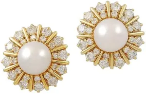 4.00Ct Round Cut Simulated Pearl & Diamond Women's Stud Earrings 14K Yellow Gold Plated
