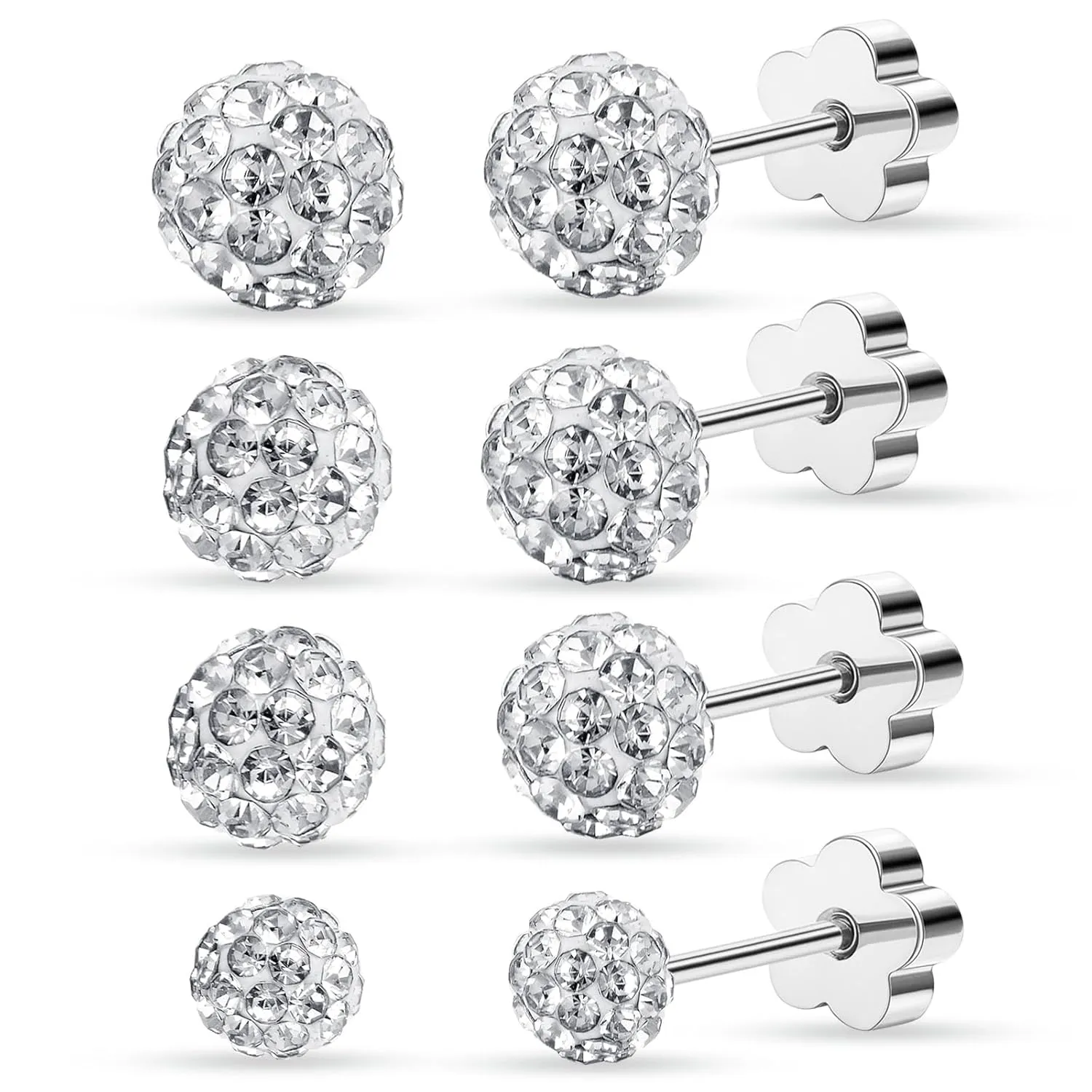 4Pairs Crystal Ball Stud Earrings for Women Hypoallergenic Stainless Steel Flat Back Stud Earrings Sparkly Cubic Zirconia Disco Ball Earrings Set 3 4 5 6 MM