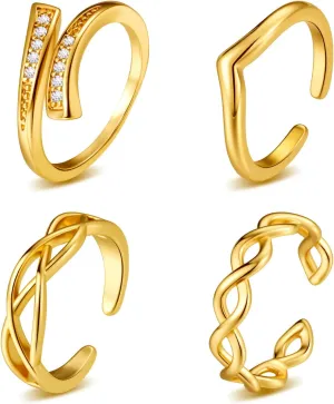 4pcs Toe Rings for Women Non Tanish Adjustable Gold Toe Rings Set Simple Cz Minimalist Ring for Women Beach Foot Jewelry