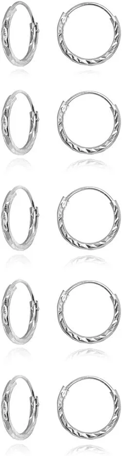 5 Pair Set Sterling Silver Diamond-Cut Tiny Small Endless 10mm Thin Round Unisex Hoop Earrings for Men Women
