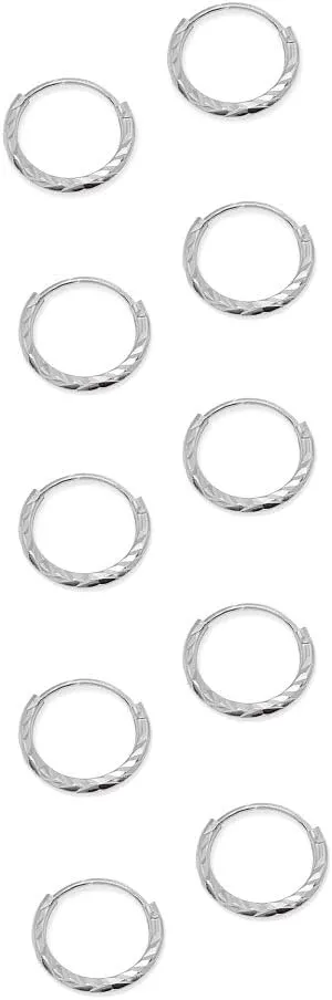5 Pair Set Sterling Silver Diamond-Cut Tiny Small Endless 10mm Thin Round Unisex Hoop Earrings for Men Women