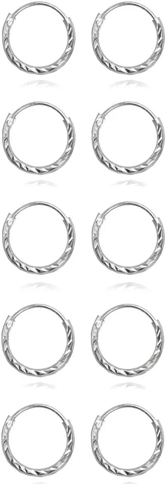 5 Pair Set Sterling Silver Diamond-Cut Tiny Small Endless 10mm Thin Round Unisex Hoop Earrings for Men Women