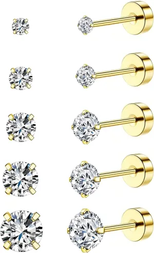 5 Pairs Flat Back Stud Earrings Set for Women Trendy Hypoallergenic Surgical Steel Stud Earrings for Sensitive Ears Cute Cartilage Helix Earring Set for Multiple Piercing Jewelry Gifts