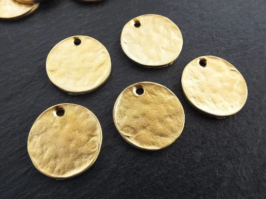 5 Plain Round Rustic Disc Pendants, Jewelry Making Supplies Findings - 22k Matte Gold Plated