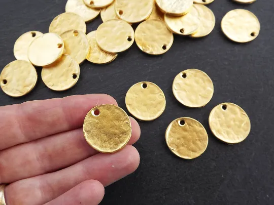 5 Plain Round Rustic Disc Pendants, Jewelry Making Supplies Findings - 22k Matte Gold Plated