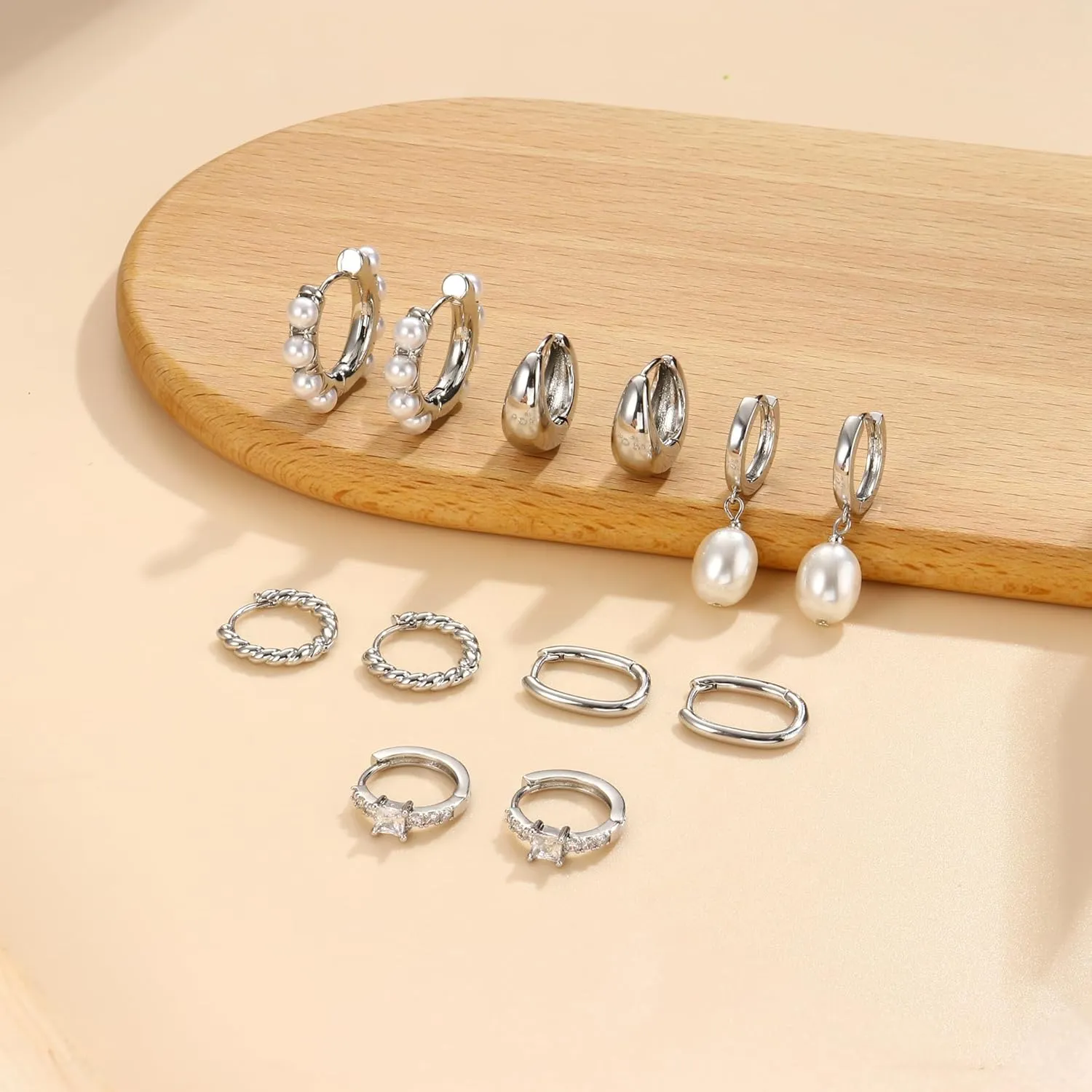 6 Pairs 14K Gold Plated Hoop Earrings for Women Trendy Chunky Hoop Earrings Stack Multipack Huggie Hoops Pearl Chain Dangle Gold Hoop Earrings Set