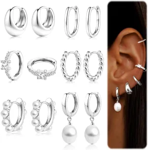 6 Pairs 14K Gold Plated Hoop Earrings for Women Trendy Chunky Hoop Earrings Stack Multipack Huggie Hoops Pearl Chain Dangle Gold Hoop Earrings Set