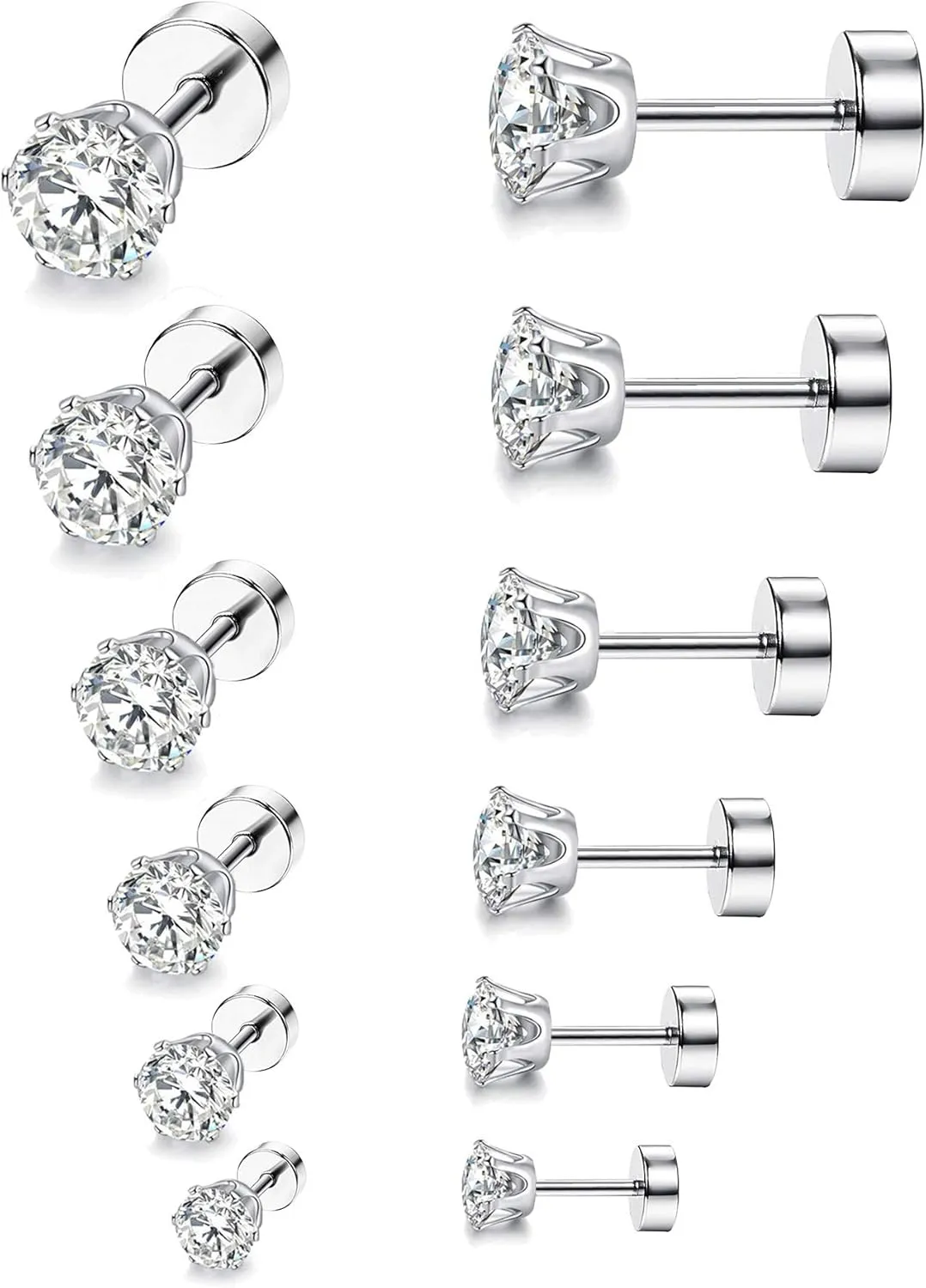 6 Pairs 20G Stainless Steel Stud Earrings hypoallergenic Cubic Zirconia Screw Stud Earring Set flatback earrings for Men Women 3MM-8MM