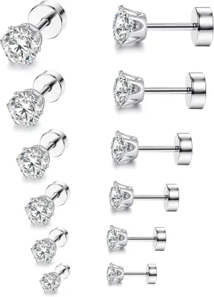6 Pairs 20G Stainless Steel Stud Earrings hypoallergenic Cubic Zirconia Screw Stud Earring Set flatback earrings for Men Women 3MM-8MM