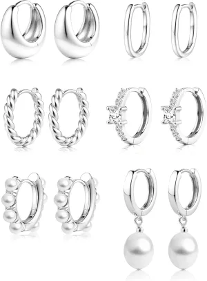 6 Pairs Gold Plated Hoop Earrings Trendy 14K Gold Plated Chunky Hoop Earrings Stack Multipack Pearl Chain Dangle Gold Hoop Earrings for Women