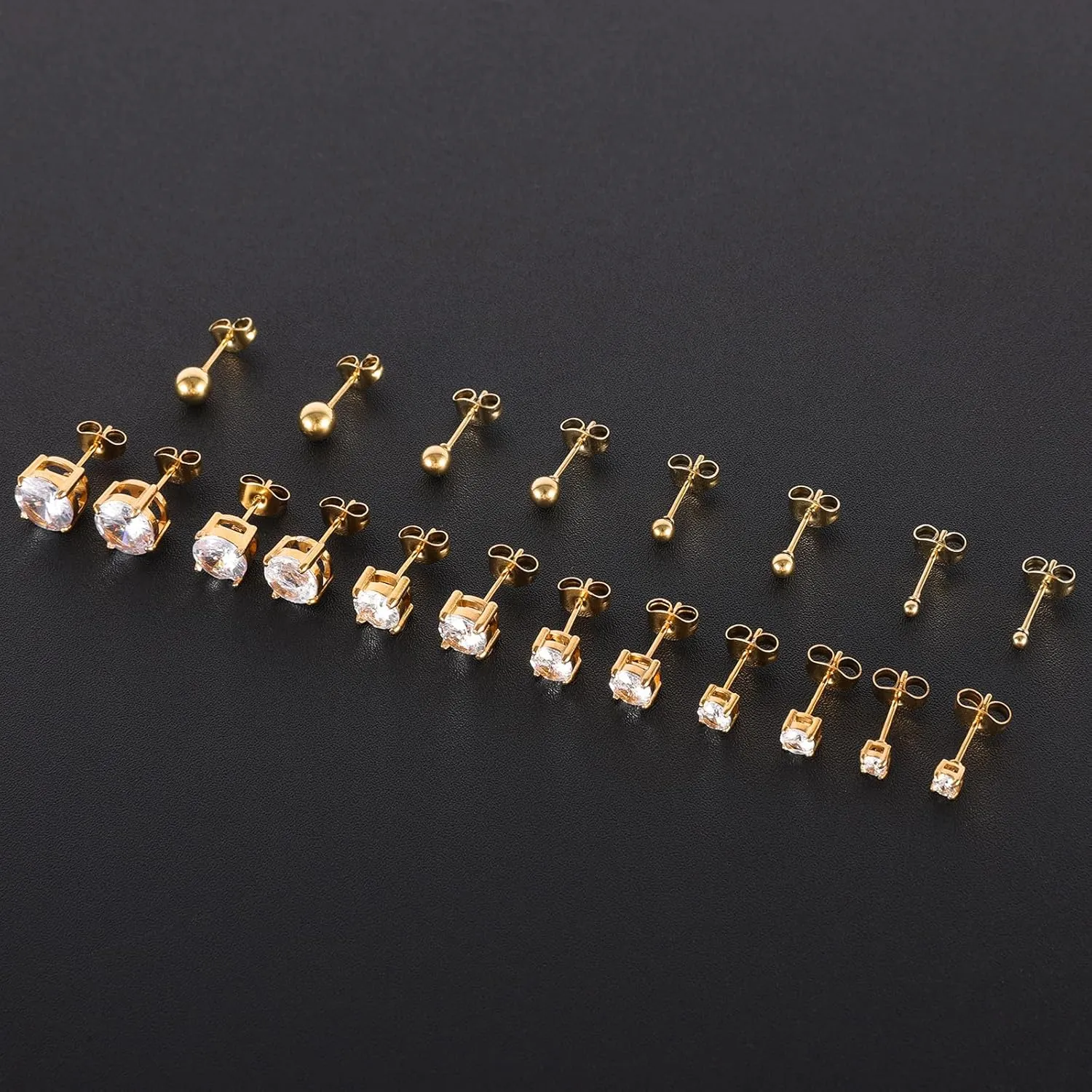 6 Pairs Surgical Stainless Steel Cubic Zirconia Stud Earrings Set, 18K Gold Plated Round Square Princess Cut Clear CZ Stud Earrings for Women
