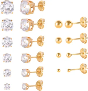 6 Pairs Surgical Stainless Steel Cubic Zirconia Stud Earrings Set, 18K Gold Plated Round Square Princess Cut Clear CZ Stud Earrings for Women