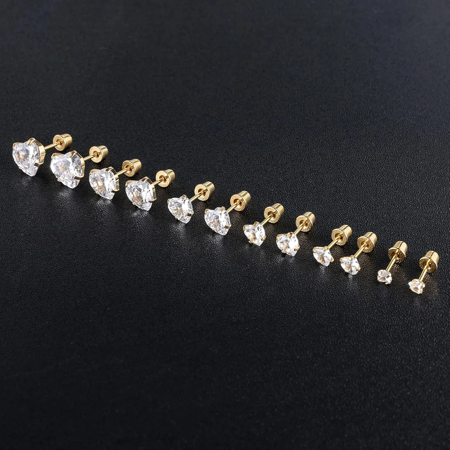 6 Pairs Surgical Stainless Steel Screw back Stud Earrings, 18K Gold Plated Heart Star Square Princess Cut Round Cubic Zirconia CZ Stud Earrings Set
