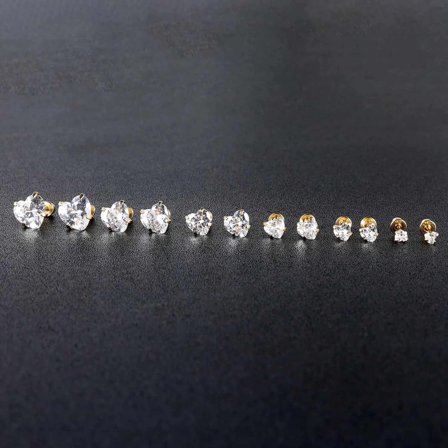 6 Pairs Surgical Stainless Steel Screw back Stud Earrings, 18K Gold Plated Heart Star Square Princess Cut Round Cubic Zirconia CZ Stud Earrings Set