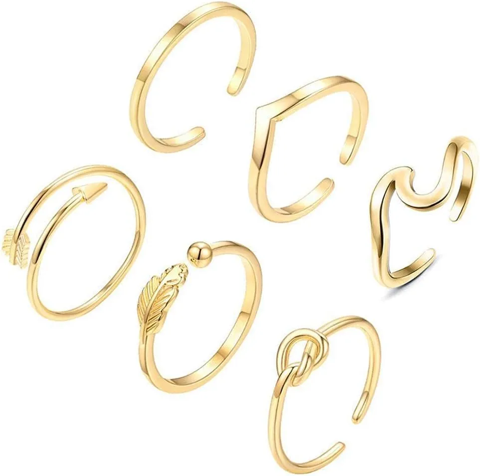 6PCS Open Rings Set Adjustable Rings for Women,Women Stackable Rings Adjustable Opening Rings Birthday GiftPack Knot Knuckle Rings Open Thin Band Thumb Ring Set